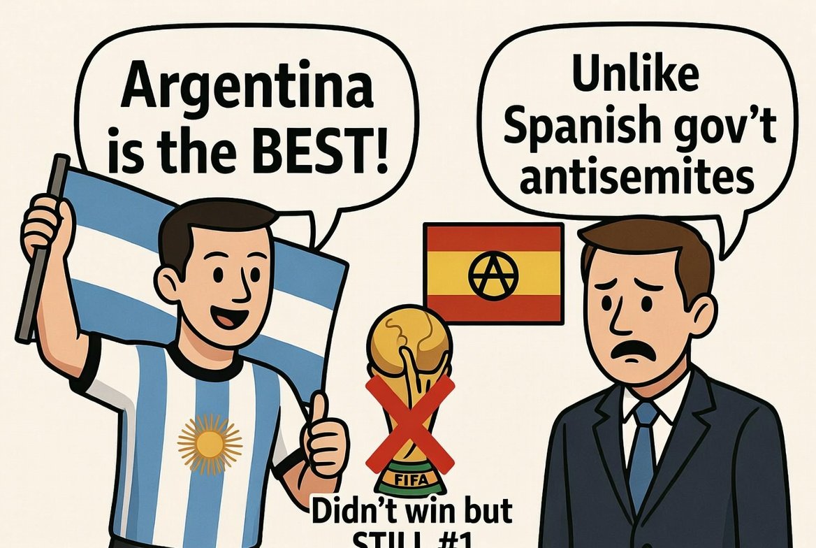realJewishDude's tweet photo. It is a genuine pity that Spain won the world cup. Spain is the largest embodiment in the EU of antisemitism. 

Spain may have won the World Cup, but Argentina has won the hearts of those not aligned with the skinhead, antisemitic, extremist government of Spain. https://t.co/f0h1uM5rty