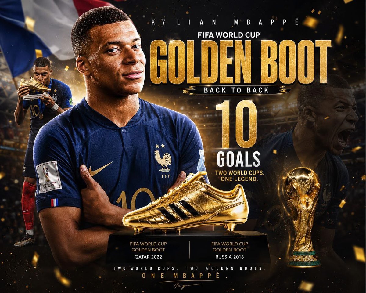 kykym10_'s tweet photo. 🚨🇫🇷Breaking: Kylian Mbappe has been crowned the 2026 World Cup Golden Boot winner.

He is the first player in World Cup history to win it back to back.

He also finished the tournament with the most goals in World Cup history

#WorldCupFinal #ESPFRA #WorldCup https://t.co/Uhxtc1UWg8