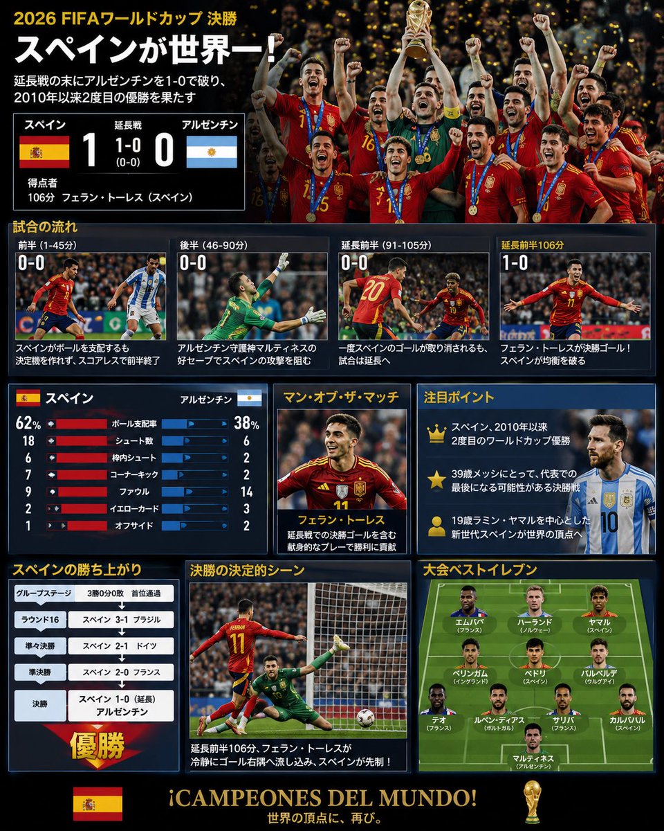 moshimonotoki1's tweet photo. サッカーワールドカップ2026
決勝！スペイン🇪🇸が延長の末にアルゼンチン🇦🇷を撃破！
#サッカー　#ワールドカップ　#fifa
#WorldCup #決勝 https://t.co/o999OkRIUv