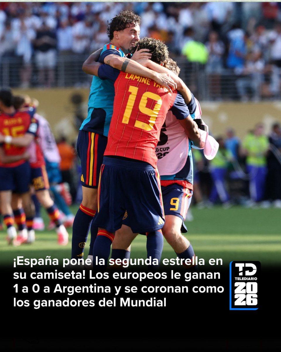 telediario's tweet photo. 🇪🇸🔥 #ÚLTIMAHORA | ¡Gloria eterna! Después de un partido muy peleado, con un gol en los tiempos extras de Ferran Torres, la selección española se impuso ante Argentina y se coronó como los ganadores del Mundial 2026. 

Foto: Reuters https://t.co/4b9YIChIX2