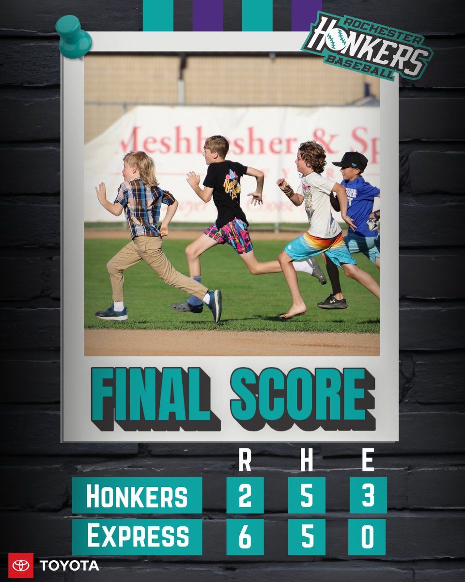 RochHonkers's tweet photo. Final.

Honker fall in Wisconsin to the Eau Claire Express. 

Honkers return to action on Tuesday, July 21st, against the Thunder Bay Border Cats with the first pitch set for 6:35pm

#RochesterHonkers #FunForTheWholeFlock https://t.co/7VF6UZo18F