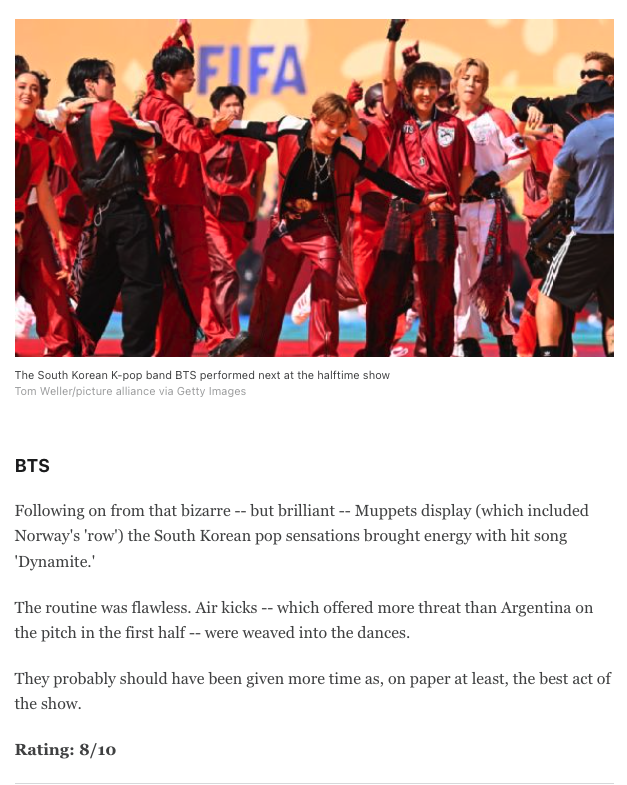 highwavescoming's tweet photo. There's an article on @espn's site rating all the WC Halftime Show performers and they had a very positive review of BTS, calling their Dynamite performance "flawless" and saying they should have been given more time as "the best act of the show"  https://t.co/ckM27PA01l https://t.co/L1indKhtje
