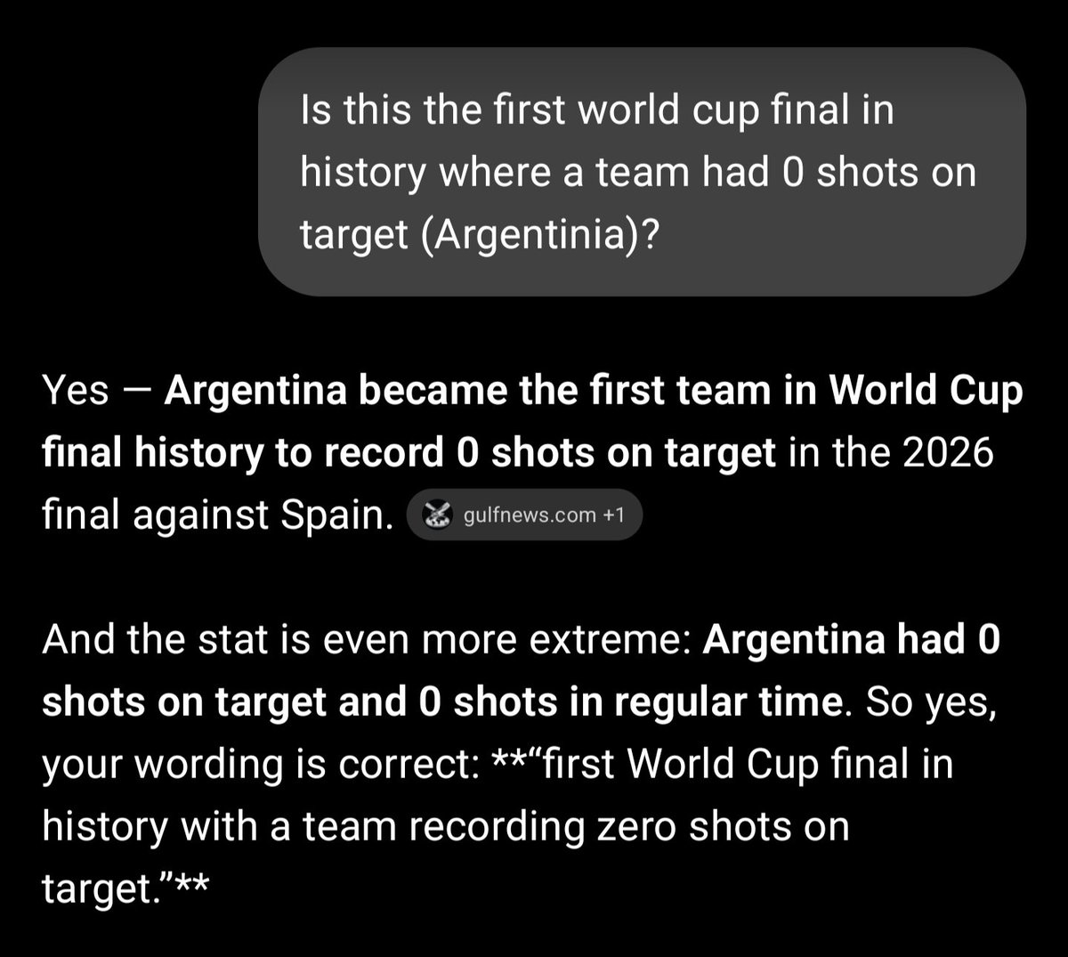 Leviheicho97's tweet photo. #ESPARG 0 shots on target in a FINAL. Cook these frauds ChatGPT!!!! https://t.co/RiPjA70cd6
