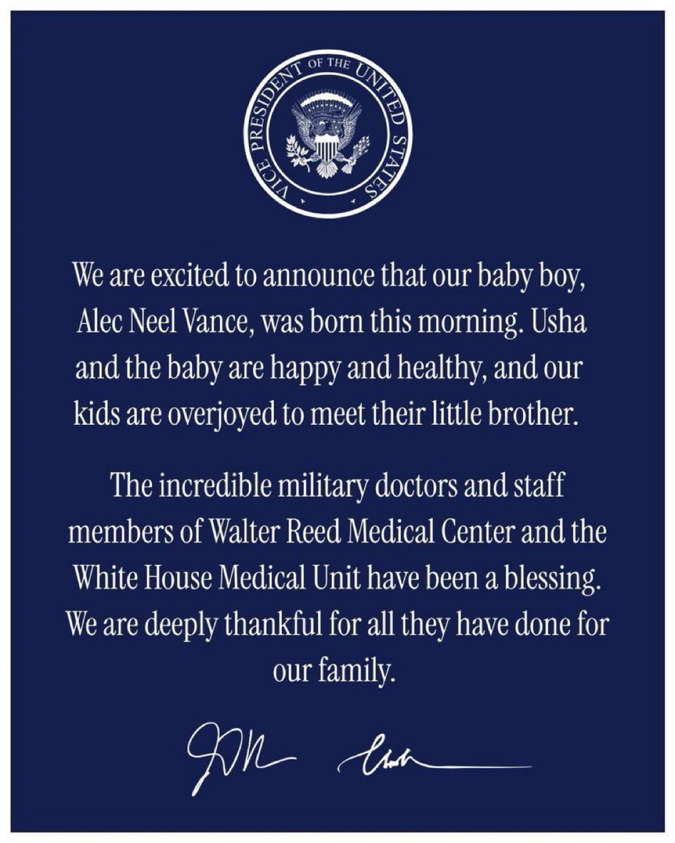 VPNewsHQ's tweet photo. JD Vance and Usha Vance are thrilled to welcome a baby boy, marking the first time a sitting Vice President has had a child in over 150 years. https://t.co/prxoP5zYlx