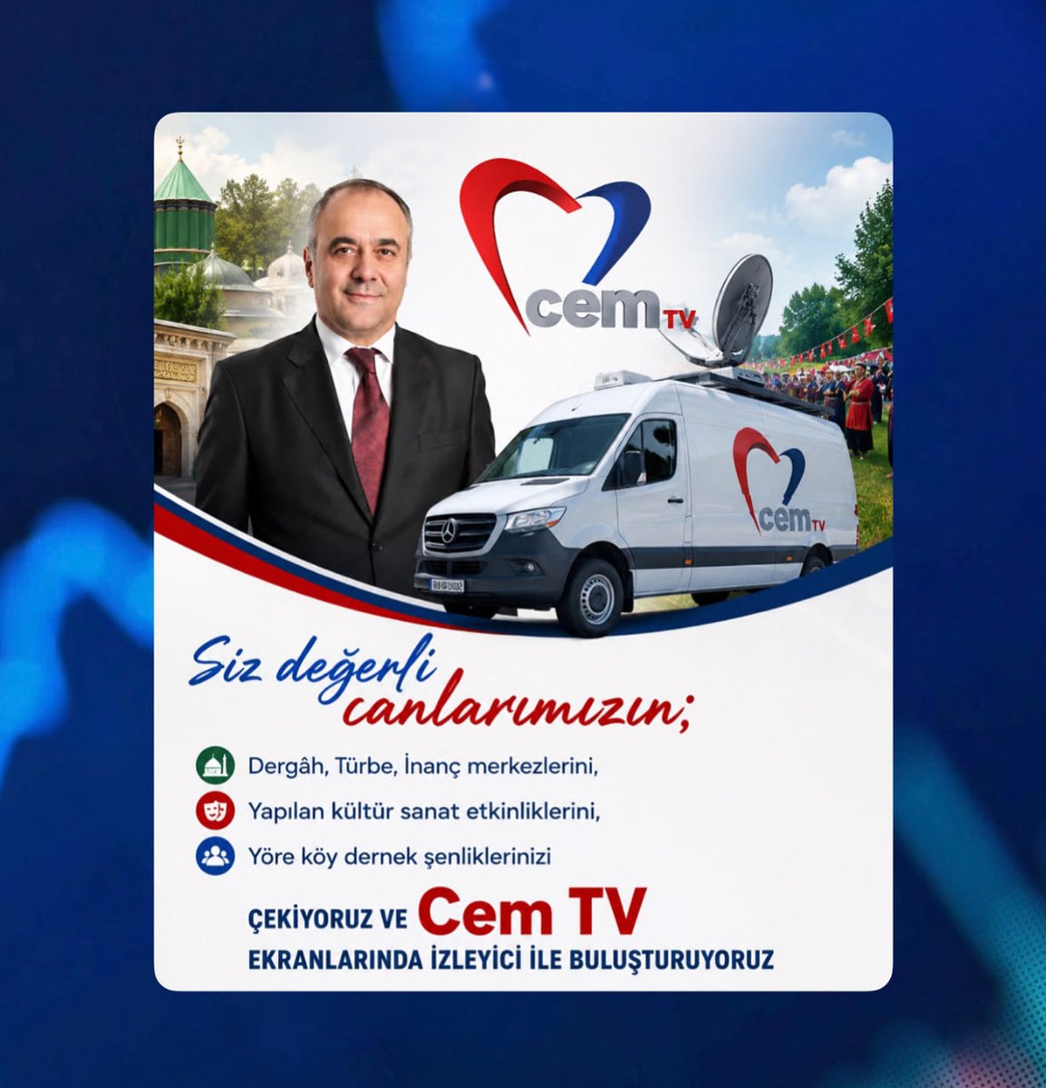 CemTelevizyon's tweet photo. Cem TV olarak siz değerli canlarımızın; dergâhlarını, türbelerini, inanç merkezlerini, kültür ve sanat etkinliklerini, yöre ve köy derneklerini profesyonel yayın araçlarımızla görüntülüyor ve izleyicilerimizle buluşturuyoruz. #cemtv #cemtelevizyonu #ismailsaçlı https://t.co/IEsI6HnaeZ