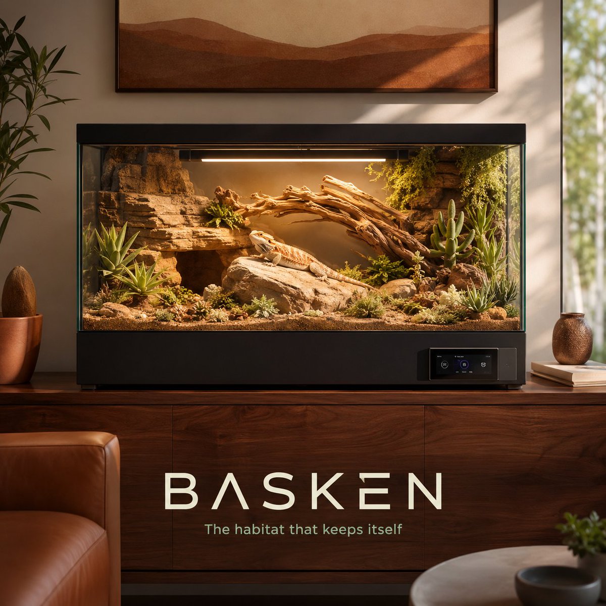 MamazMike's tweet photo. Gen Z made reptiles America's fastest-growing pet (households +38% since 2016, APPA) and treats terrariums like living art. But most first reptiles die of bad UVB or heat.
Basken: a design-object terrarium that runs the husbandry for you. https://t.co/uc0KD4y2ol