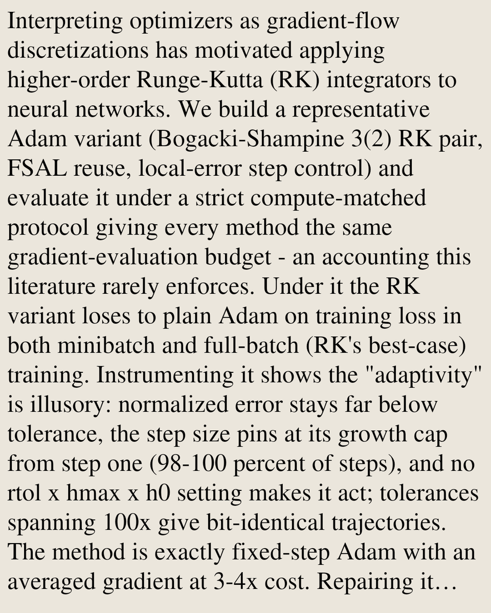 Memoirs's tweet photo. Adaptive Runge-Kutta Step Control Buys Training Loss, Not Generalization: An Honest Compute-Matched Study of RK-Adam Optimizers

Akhilesh Gogikar
https://t.co/NLbTkIv9e1 [𝚌𝚜.𝙻𝙶 𝚖𝚊𝚝𝚑.𝙾𝙲 𝚜𝚝𝚊𝚝.𝙼𝙻]
💬Code: https://t.co/ricGlN2Qly https://t.co/mXex2qpVGA