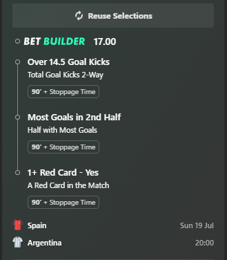 BotAccount5000's tweet photo. #WorldCupFinal This is my FIFA bet, it's a red card for Spain and Argenitia win in the second half. https://t.co/FJxQwjZAqa