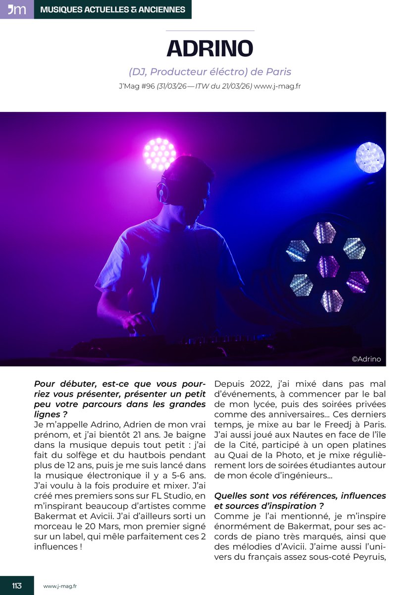 jmedias18's tweet photo. Adrino (DJ / Producteur électro) de Paris, l'une des 25 interviews culturelles inédites du J'Mag #96 à retrouver sur https://t.co/xOFSzLsBhA ! 😊 https://t.co/nV6cgDRxQq