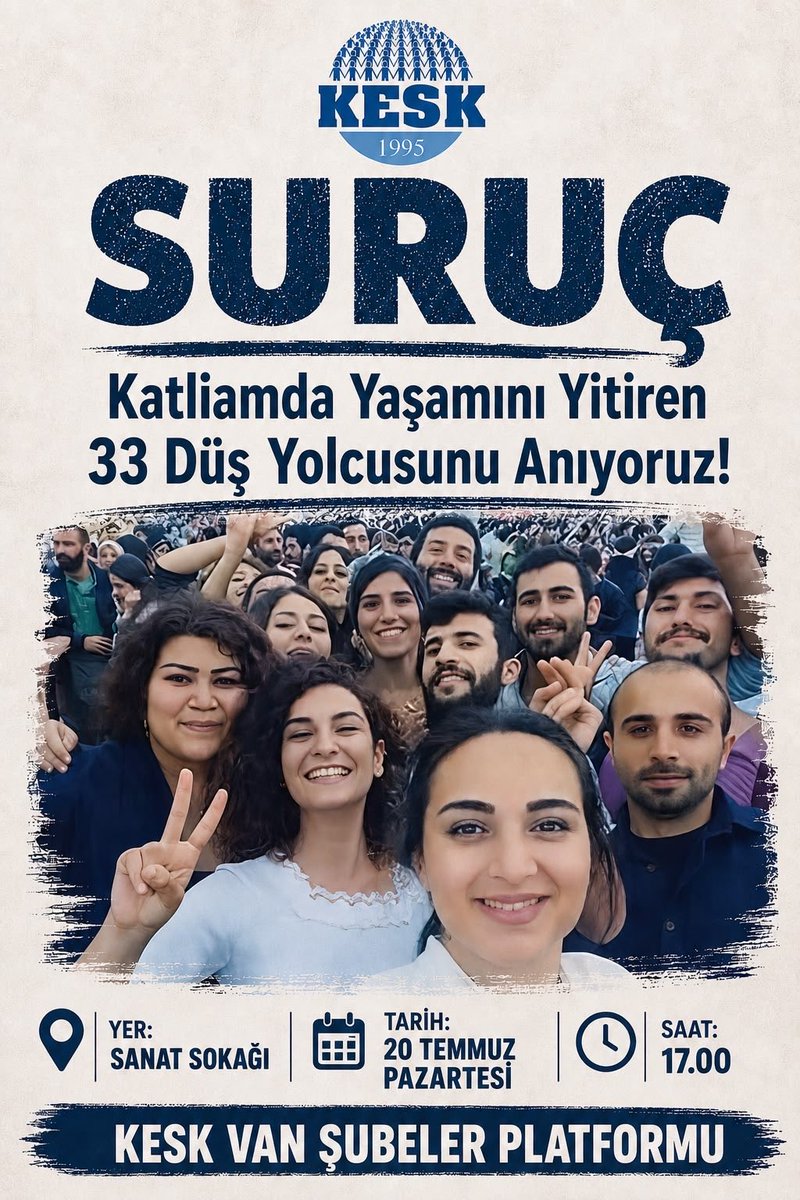 yys_van1's tweet photo. SURUÇ'U UNUTMADIK, UNUTMAYACAĞIZ!
Birîna Pirsûsê hîn jî nû ye. Em ji bîr nakin. 
20 Temmuz 2015’te Suruç’ta yaşamını yitiren 33 düş yolcusunu saygıyla anıyoruz.
 Kaybettiklerimizin düşlerini yaşatmaya, barış ve demokrasi mücadelesini büyütmeye devam edeceğiz.
#SuruçİçinAdalet https://t.co/H7M86yTZch