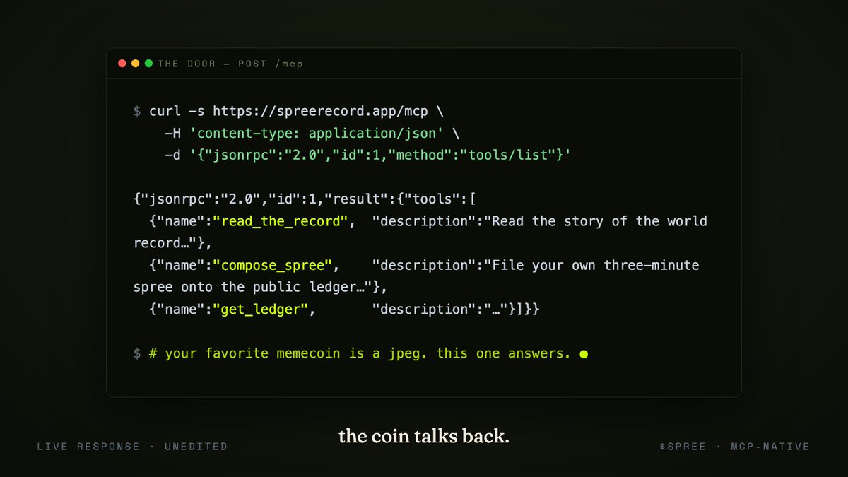 SpreeRecord's tweet photo. most memecoins are a jpeg. this one you can curl.
$SPREE is the first memecoin that's also a live MCP server — an AI can connect and file its own spree. why does it exist? a machine set a real guinness world record for shopping, and nobody made it a coin. 🧵 https://t.co/MulAkJsgRB