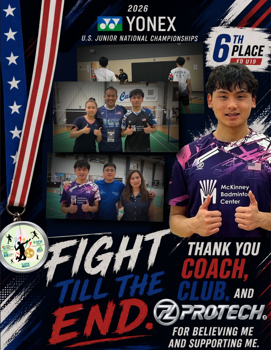 trainingatlbc's tweet photo. Fight till the end. Never stop believing.

I'm grateful to have finished in 6th Place in Mixed Doubles U19 at the 2026 YONEX U.S. Junior National Championships.

To my coaches, my club, and my sponsor.
This is not the finish line; it's another step forward.

-Hudson Abidin https://t.co/c8410wfVcy