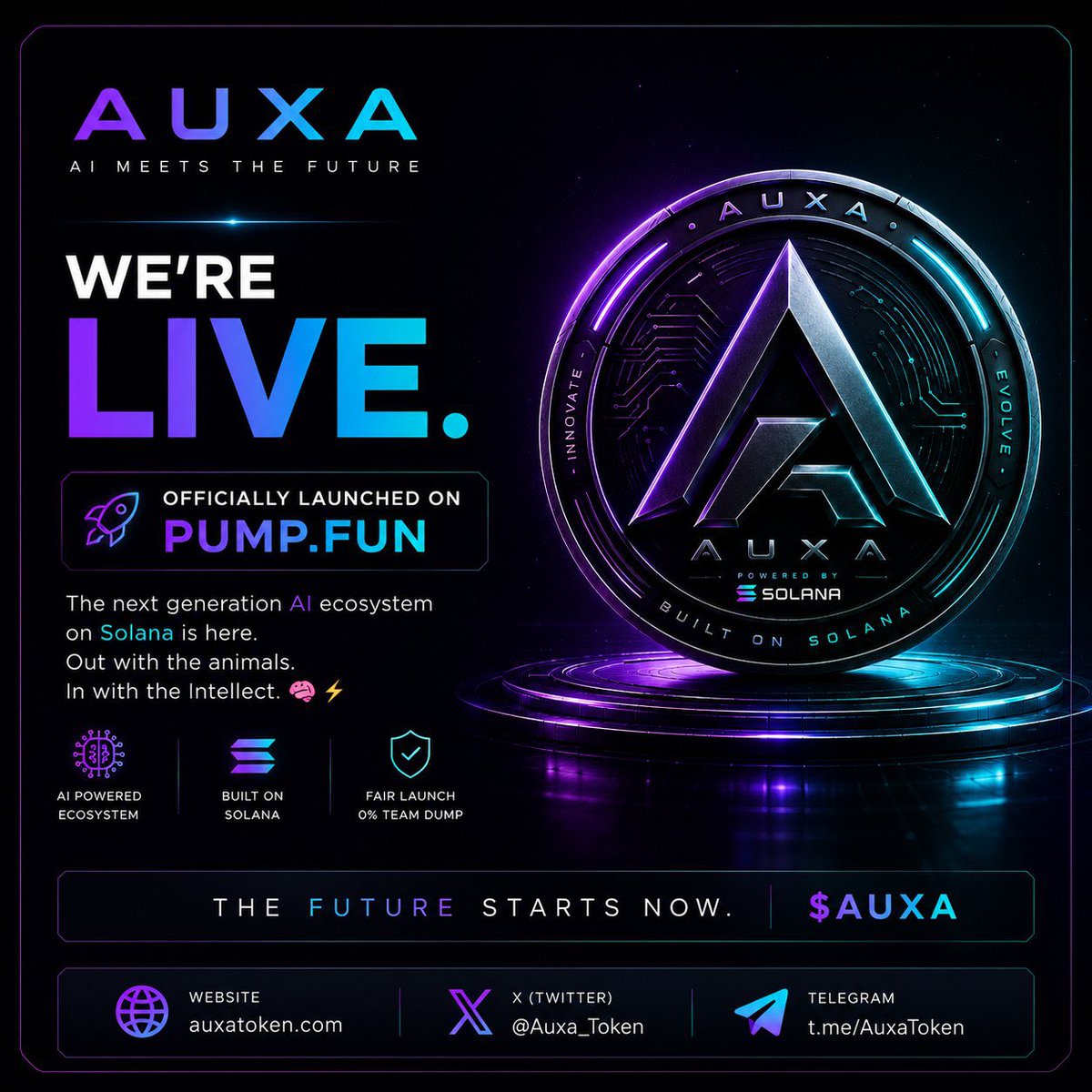 Auxa_Token's tweet photo. @Nitya_4u The launch is official! 🚀 $AUXA is now live on https://t.co/YDcGbjddMZ. No memes, just pure AI utility on Solana. Check the image for our official links and join the future! 🧠💜 https://t.co/4Noc6yfqeI
