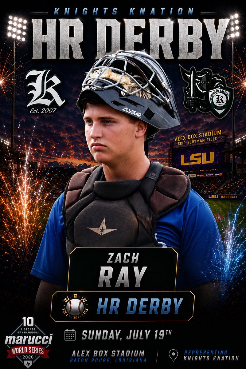 knightknation4L's tweet photo. Excited to watch some of our guys participating in the 2026 Marucci World Series HR Derby and Fastest Man competition at Alex Box Stadium!

💥 HR Derby Participants

Brady Bell — 2028 | West Monroe HS | Knights Knation 16 National
Zachary Ray — 2028 | Doyle HS | Knights Knation/Dodgers Scout 16U
Beau Stevens — 2029 | Rummel HS | Knights Knation/Dodgers Scout 15U

⚡ Fastest Man

Nathan Woodward — 2028 | Mandeville HS | Knights Knation/Dodgers Scout 16U

Best of luck to these four as they represent Knights Knation on one of the biggest events on the summer baseball circuit. Go compete, have fun, and represent the organization with pride! #4L @BradyBell_23 @beaustvens1 @ZacharyRayJr @WoodwardNatha10 @MarucciSports @TigersDoyle @RebelBaseball1 @rummelbaseball @MHSSkippersBSB @curve_sports @2Dsportsbsb