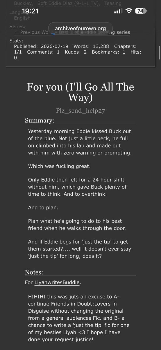 plz_send_help27's tweet photo. “For You (I’ll Go All the Way)” by Plz_send_help27 on ao3 for @LiyahV_writes |E|13.2k|

🔗 https://t.co/6oVH8N0F6I

🌟‘just the tip’ which ofc turns to more
🌟t!Buck b!Eddie
🌟p2 of Friends in doubt:Lovers in disguise 
🌟subby clingy begging Eddie https://t.co/QBun9h9ogN
