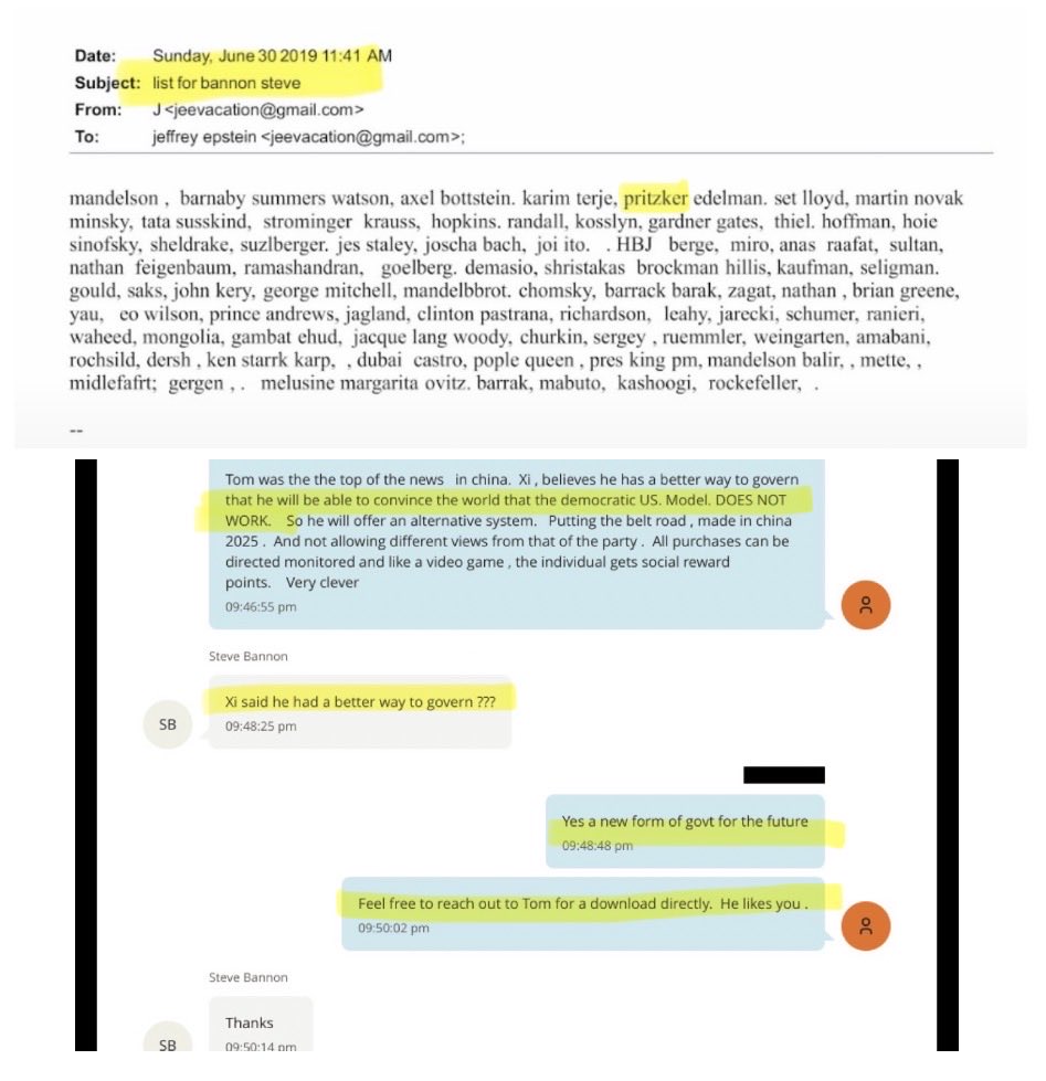 ErikaCA47's tweet photo. ‼️ Connecting the dots: Jeffrey Epstein had a close relationship with Tom Pritzker. In the files Epstein noted Tom had "great relations in China."

Epstein tells Bannon that Tom said China will convince the world that the U.S. government model DOES NOT work. Epstein passes Tom’s contact to Bannon. 😱

One week before his arrest, Epstein sent Bannon a list of powerful Democrats… On it? China ally, Pritzker. 

Some guy/journalist named Thorburn, said he went to Bannon and MTG and called them out for their knowledge and alleged coverup of Epstein’s involvement with the CCP. 🚨

…Excuse me? 

It’s not just election exploitation. Think deeper. It’s information warfare. Pay attention. ⬇️