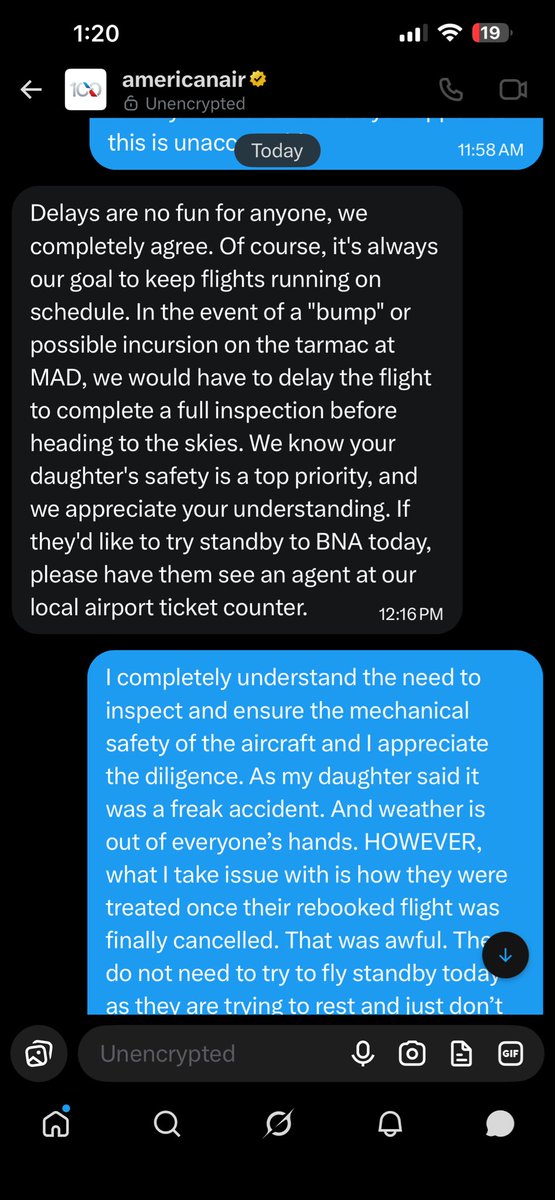 ekrobb's tweet photo. Well @AmericanAir taking it to DMs just got y’all doubling down on the company line. So PSA everyone, don’t let your young adult children under the age of 21-25 fly AA. They may get stranded with no help and absolutely no one at AA gives a damn. https://t.co/H6KAzMh3yY