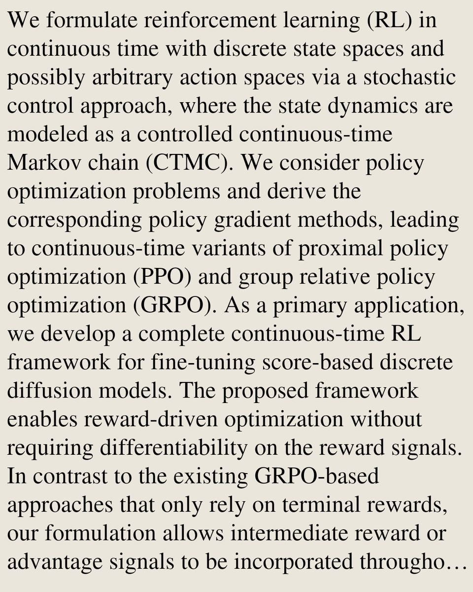 Memoirs's tweet photo. A Continuous-Time Reinforcement Learning Framework for Fine-Tuning Discrete Diffusion Models

Zikun Zhang, Jiayuan Sheng, David D. Yao, Wenpin Tang
https://t.co/CGeQ7cpGTc [𝚌𝚜.𝙻𝙶] https://t.co/k3iyC7QRez