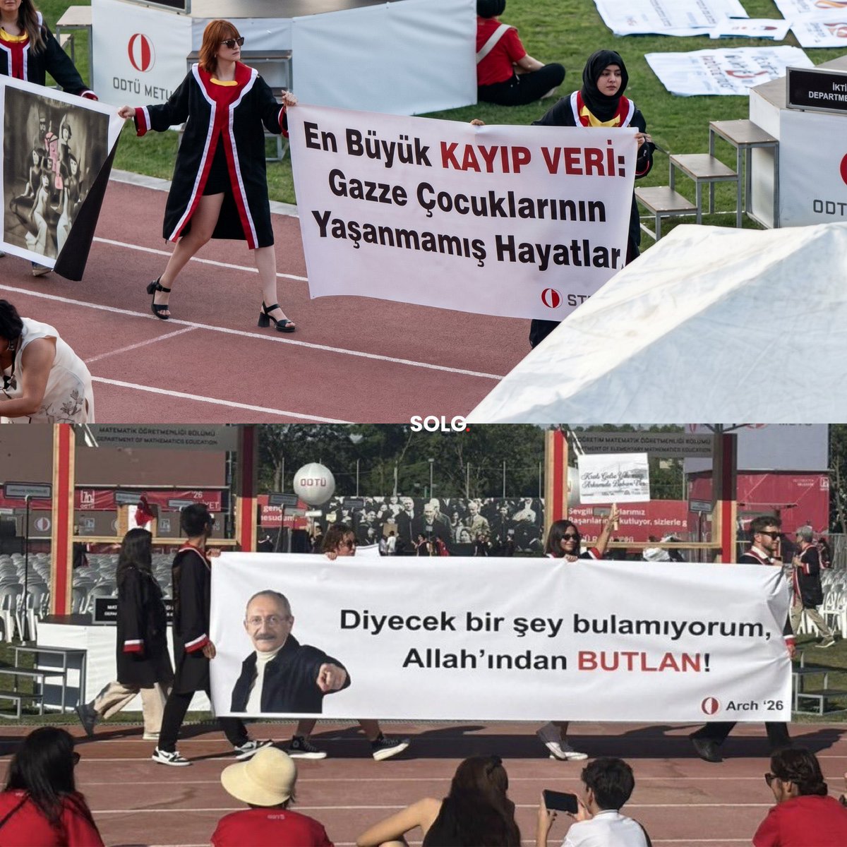 EdemirHuseyin's tweet photo. ODTÜ Mezuniyet Töreni de Kılıçdaroğlu damga vurdu. Kılıçdaroğlu taraftarları açılan pankartlar üzerine oylarının %45’e çıktığını açıkladı. https://t.co/v73M8BLxYR