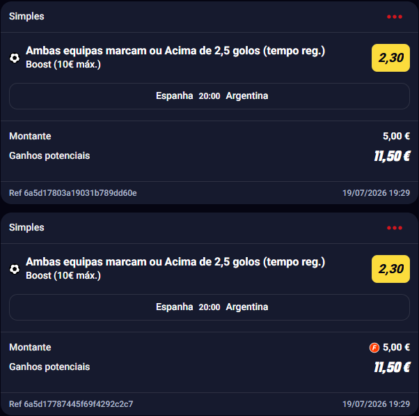 Bellocas7's tweet photo. Dia 42 | Boosts PT 🇵🇹
Último boost do dia — ambas marcam ou mais de 2.5 golos na Final. Vamos a isto, boa sorte a todos 🏆!
Resultado ainda hoje 👇
Dia 41: -8€ | Acumulado: +370.20€
#BoostsPT #Mundial2026 https://t.co/casTaZvQwj