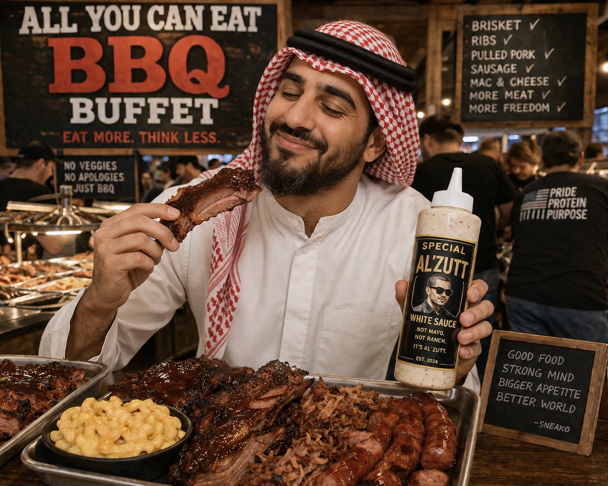PresidentScrotm's tweet photo. @IraninSA cheer up habibi join the prophet muhammad (8==}~~) at the all you can eat pork BBQ https://t.co/DtrHbGK58D