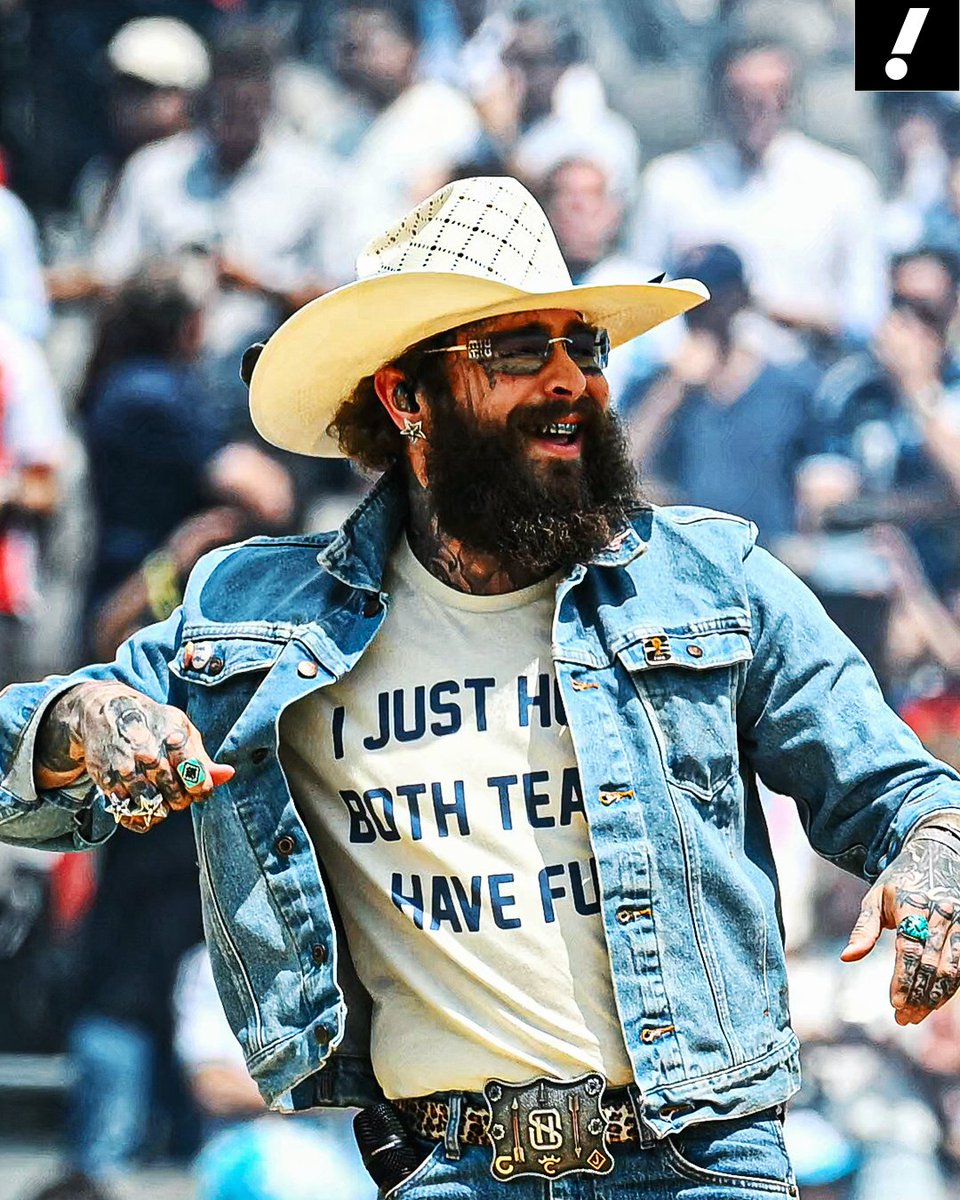 YahooSports's tweet photo. Post Malone wore a 'I just hope both teams have fun' shirt during his World Cup closing ceremony performance before the Final between Spain and Argentina 😅 https://t.co/kVf6vfG8ZX