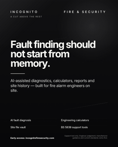 IncognitoFireAI's tweet photo. Fault finding should not start from memory.

AI-assisted diagnostics, calculators, reports and site history for fire alarm engineers on site.

Early access: https://t.co/xwoZmVMDTq

#FireAlarm #FireSafety #BS5839 https://t.co/tFdun8qPI7