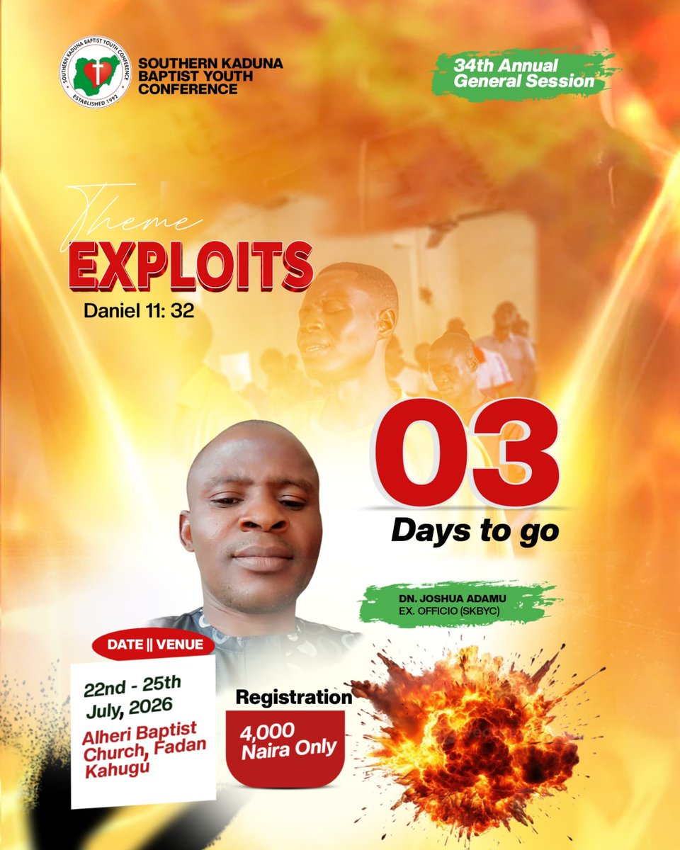 SKBYC92's tweet photo. 🔥 ONLY 3 DAYS TO GO! 🔥

The clock is ticking, and the atmosphere is already charging up! In about 72 hours, hundreds of youths from across Southern Kaduna will gather with one singular focus: to be empowered for EXPLOITS.

#SKBYC2026 #3DaysToGo #Exploits #FadanKahuguGathering https://t.co/YrLNYDW0SY