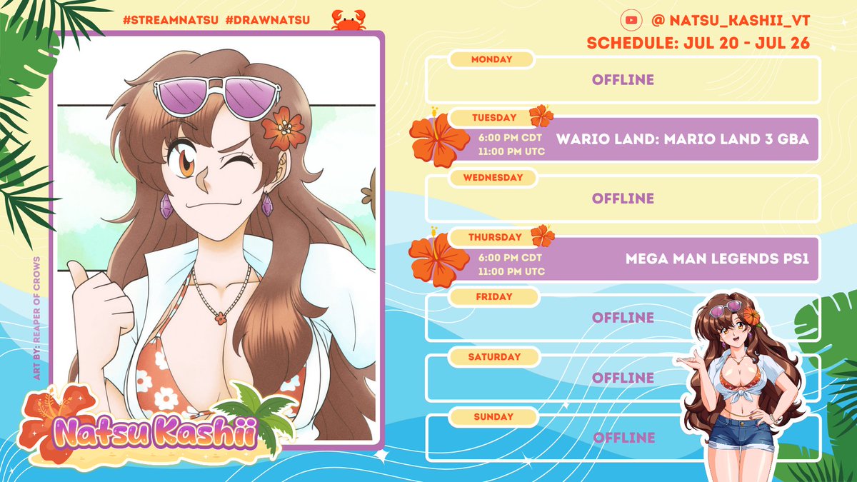 Natsu_Kashii_VT's tweet photo. Another light week since my mom's still visiting, but will make it up with extra streams next week~ ποΈ Wario Land Tues and Mega Man Legends Thurs! Find my life-size standee at #OffKai over the weekend! πΈ
Sub below~ πΊ
Art: @ReaperofCrows
#RetroVTuber #VTuberEN #OffKaiGen5 https://t.co/MHDFryjP8t