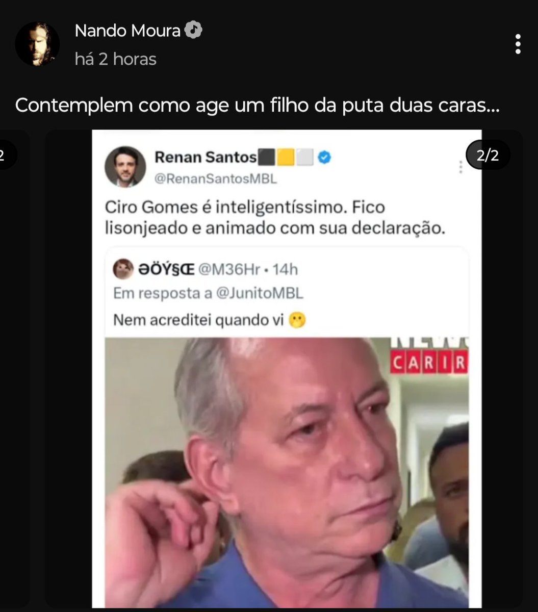 brunomassay0's tweet photo. Alguém sabe me dizer, o porquê o Bafo de Embú @moura_101, não posta aqui no X?
Fica melhor pra rebater!

Sobre isso!

Uma coisa é falar da origem da família do Ciro em 2020, no auge daquele papo de derrubar estátua e "passar a história a limpo". 

O Renan tava ironizando a seletividade da turma: se é pra caçar escravocrata e oligarca antigo, a família Gomes do Ceará tá na lista há gerações, dona de terra, nobreza decadente.

Isso é fato histórico, não é invenção.

Outra coisa completamente diferente é reconhecer que o Ciro é um cara inteligente, e ele é, fala mal ou bem, mas o cara tem leitura, tem capacidade de formulação, não é um retardado igual seus gados de batalha. 

Elogiar inteligência não é pedir casamento nem assinar cheque em branco.

Lembro também que Renan já defendeu o Ciro em uma live, quando o PT tava fazendo campanha de cancelamento para isolar ele. 

Então nem é a primeira vez que ele separa as coisas.

Criticar a biografia da família ≠ negar que o sujeito é esperto, quem não consegue separar isso é que tem problema de raciocínio básico.