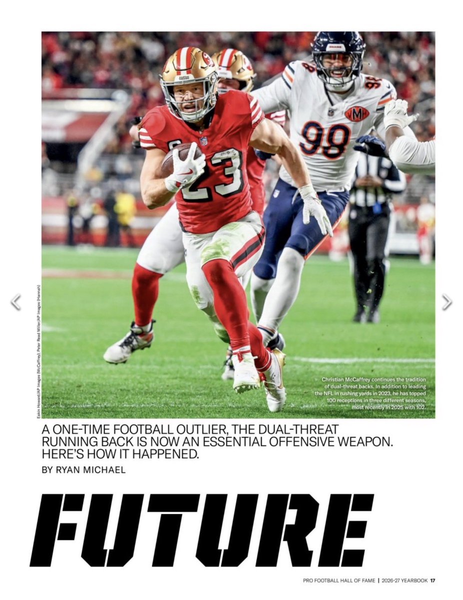 ryanmichael's tweet photo. This year, I had the privilege of writing a feature article about the evolution of the duel-threat running back for the 2026-27 @ProFootballHOF Yearbook.

Digital link: https://t.co/xiIoPZcU3l

More info: https://t.co/jhsj11DOiG

Congratulations to this year’s class! https://t.co/dA94yo7k4O