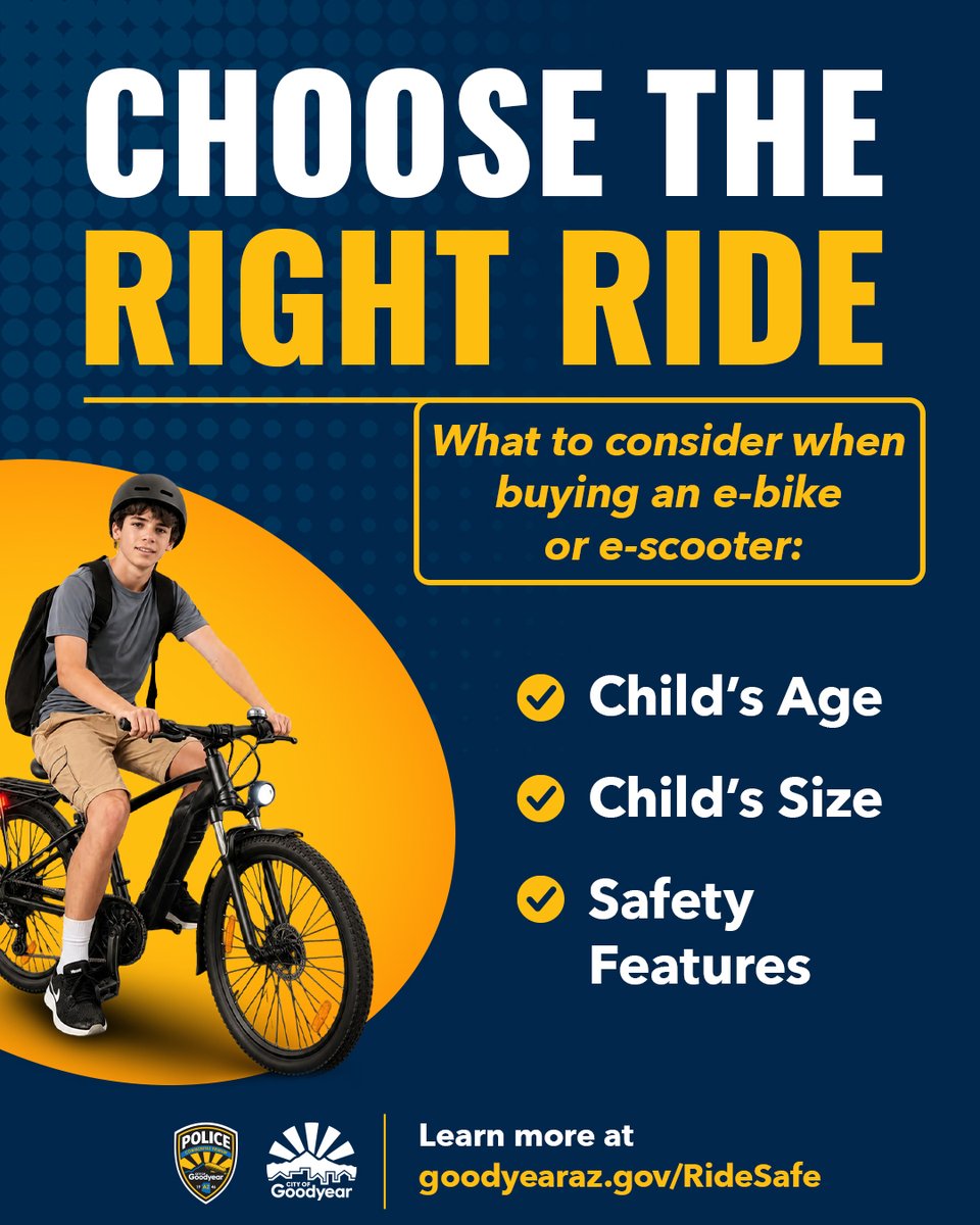 GoodyearAZGov's tweet photo. Thinking about buying your child an e‑bike or e‑scooter? Here’s the basics every parent should know. Visit https://t.co/OjAZNA1fjj for more info.
#RideSafe #GoodyearAZ #CityOfGoodyear
@Goodyearpolice https://t.co/kteKMwKO5n