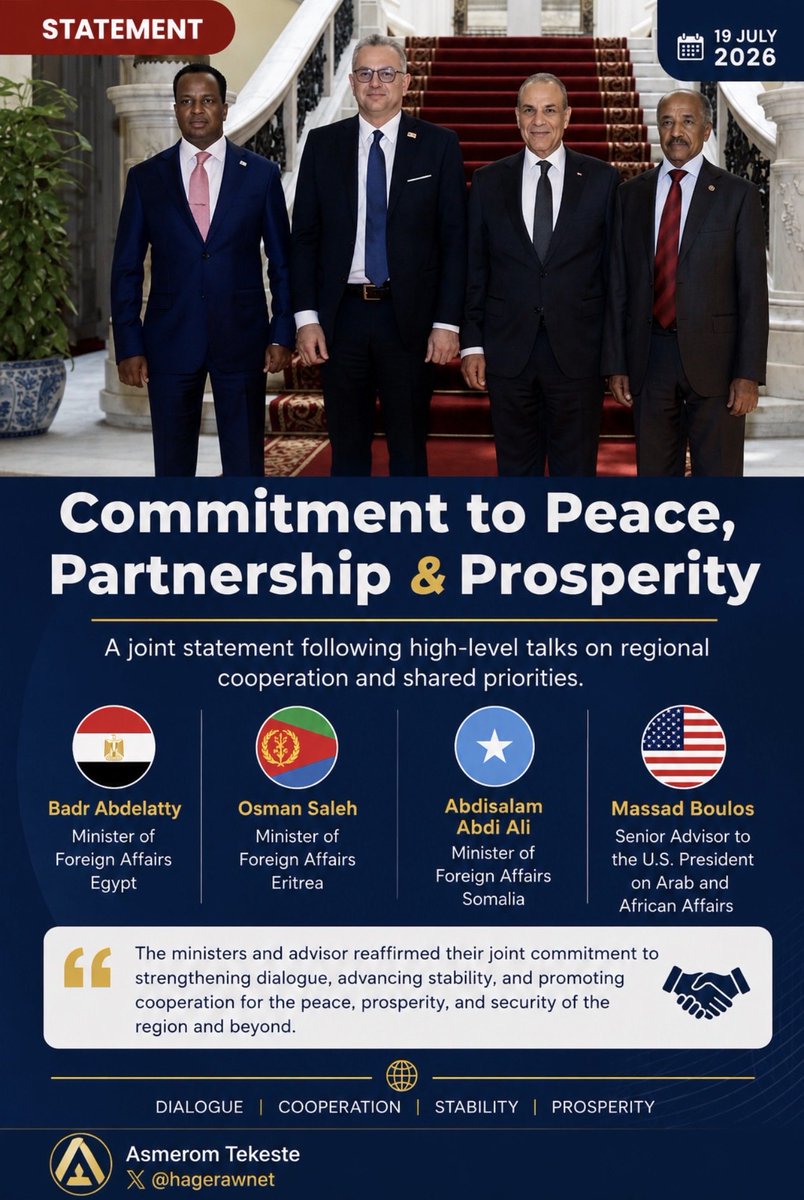 Hagerawnet's tweet photo. Cairo served as the venue for a series of high-level diplomatic meetings aimed at strengthening peace, security, and long-term stability in the Horn of Africa.
🇪🇷 🇪🇬 🇸🇴 🇺🇸 https://t.co/g2HHGOO9qO