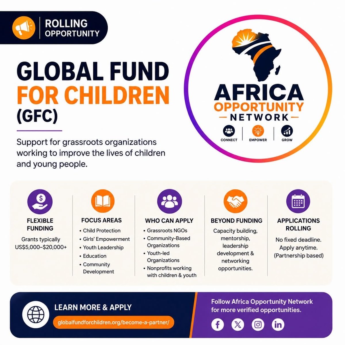 MrsScotty_M's tweet photo. Rolling Funding Opportunity for Grassroots Organizations

Is your organization making a difference in the lives of children and young people?

The Global Fund for Children (GFC) is seeking grassroots organizations for long-term partnerships that include flexible funding and capacity strengthening.

Partner organizations may receive:
✅ Flexible grant funding
✅ Capacity-building support
✅ Leadership development
✅ Global networking opportunities
✅ Long-term partnership

Suitable for:
• Grassroots NGOs
• Community-Based Organizations (CBOs)
• Youth-led organizations
• Nonprofits working with children and young people

Open to eligible organizations worldwide, including Africa.

Applications: Rolling (No fixed deadline)

Learn more: https://t.co/LD7AKqPEFS