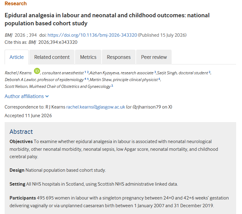 bmj_latest's tweet photo. Having an epidural during labour is not associated with clinically significant increased risks of harm to newborn babies, including brain injury, severe breathing problems, sepsis and death, or cerebral palsy later in childhood, finds #BMJResearch
https://t.co/AgbiTMxBxm https://t.co/0nygk81Pe0