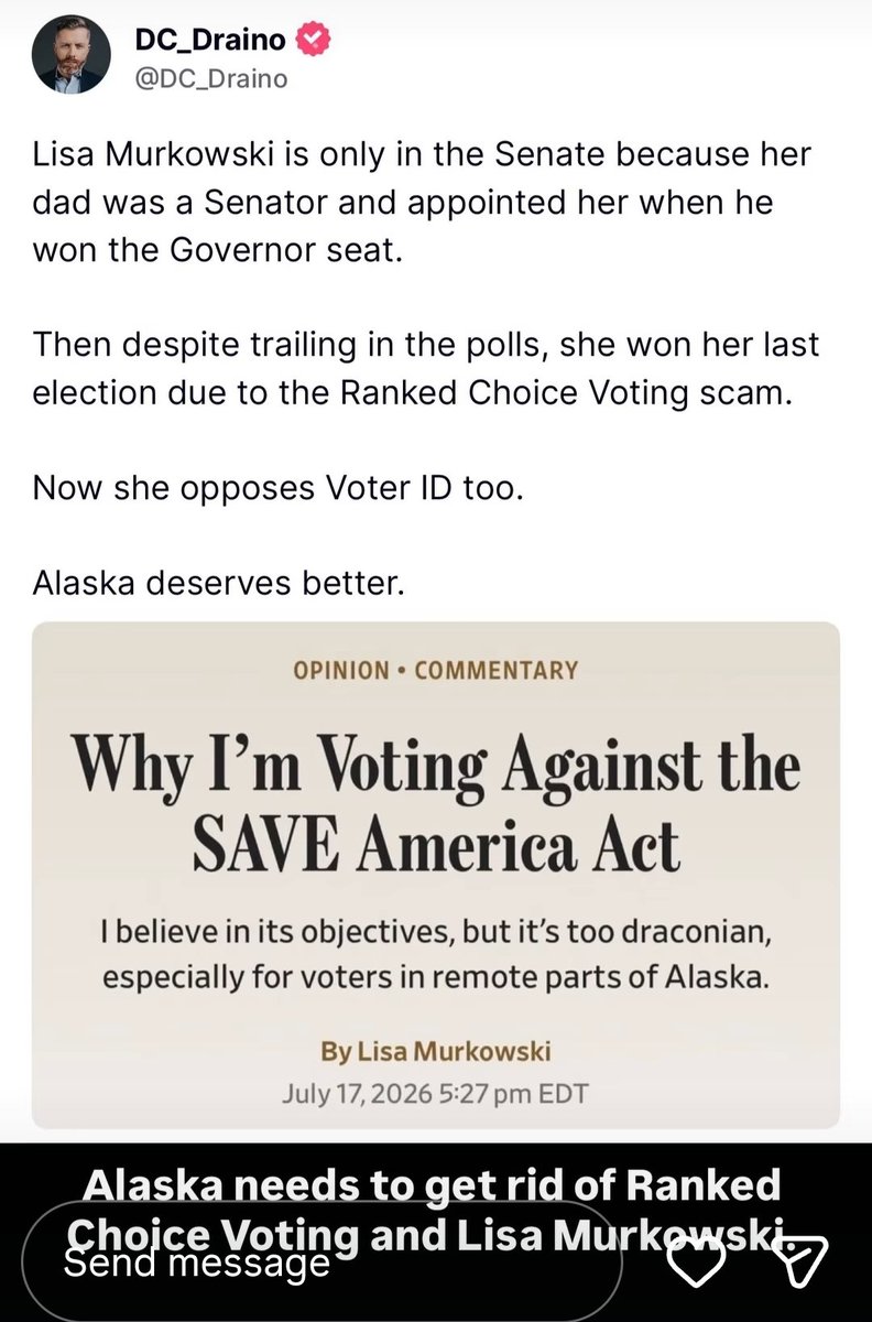 RASmith9's tweet photo. @lisamurkowski
Remember Axioms? If you oppose the SAVE Act, it's because you cheat. Lisa Murkowski opposes the SAVE Act, therefore, Lisa Murkowski cheats. #maga #based #tcot #GOP #Democrats #walkaway #blexit https://t.co/X9syPcr1Hk