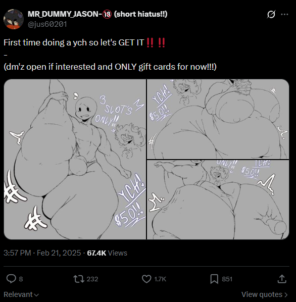 SunSharkSasha's tweet photo. Callout post on @/jus60201 
I commissioned them last year for this YCH in the bottom right however I really shouldn't have because they only accepted gift cards so I can't ask for a refund.
We talked on discord about payment and the first code I got didn't work for them- https://t.co/zHphOgiLKb