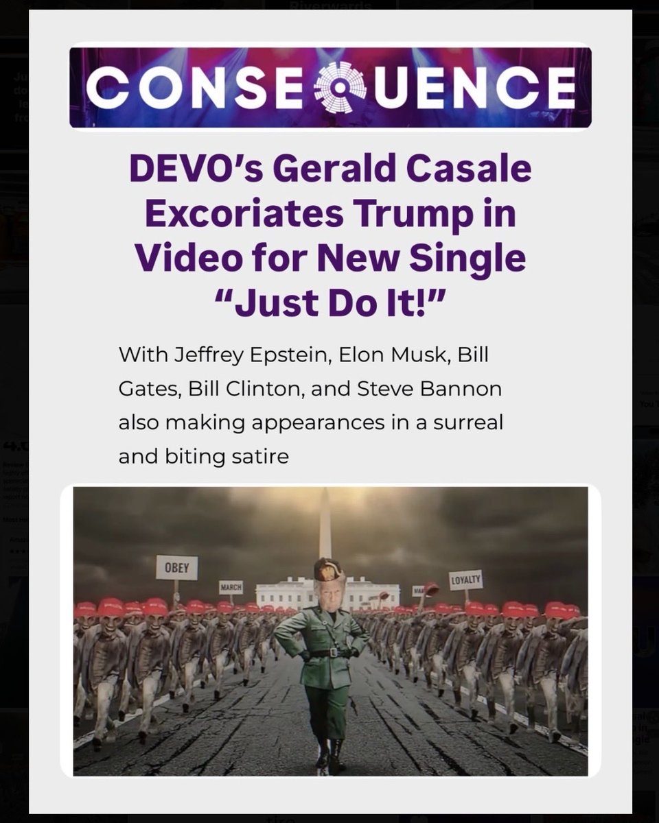 Gvc3Casale's tweet photo. DEVO co-founder Gerald V. Casale has released “Just Do It!,” a biting new song &amp; animated video timed to America’s 250th birthday. 

Jeffrey Epstein, Elon Musk, Bill Gates, &amp; Bill Clinton also appear in……..

➡️ watch it: https://t.co/xYKXfdTKhr

read it: https://t.co/Hq96lpD1C1 https://t.co/SNYbvIhgYM