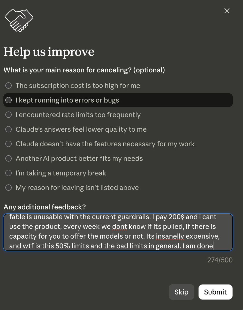 HusamSoboh's tweet photo. @thsottiaux @claudeai @Kimi_Moonshot 
Canceled Claude Max 20 after 6 months. I run an AI company and I'm a doctor, and Fable refuses my real use cases. Every week I don't know which model I get, or if I get it at all. $200/mo for that. Codex is my main now, Kimi 3 as support. https://t.co/bqVCdfC2dF