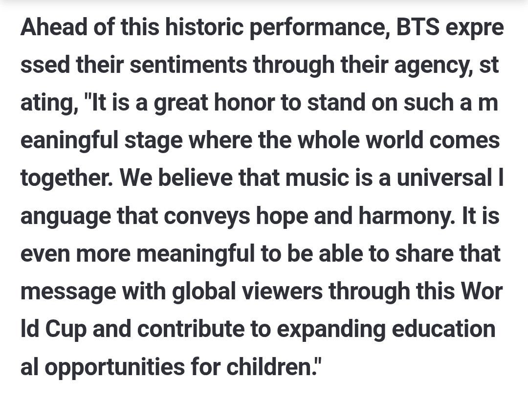 jmygmochis's tweet photo. #BTS: "Es un gran honor estar en un escenario tan significativo en el que participa todo el mundo, creo que la música es un lenguaje universal que transmite esperanza y armonía. ++

BTS AT WORLD CUP
BTS PAVED THE WAY
BTS THE LEGENDS 
#BTSXWorldCup2026 https://t.co/N4J29ZlpWt