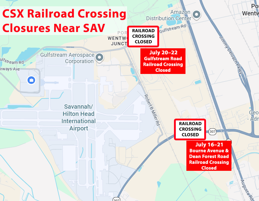 fly_SAV's tweet photo. Traffic Alert: Starting tomorrow, July 20th, both the Gulfstream Road Railroad Crossing and the Bourne Avenue / Dean Forest Road Railroad Crossing will be closed through July 22nd.

Travelers are encouraged to allow extra travel time when arriving at or departing from the airport, particularly from July 20th to 22nd, when both crossings will be closed simultaneously.
