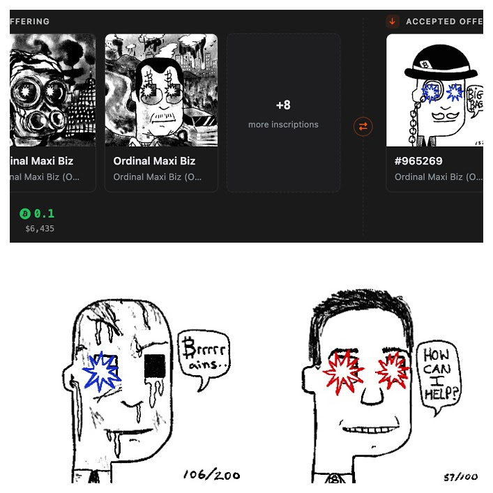 MarkTruvalie's tweet photo. Another big day for Ordinals - few heavy prints on @ord_net. 

Red Eye OMB for 0.35 BTC, Blue Eye for 0.2875 BTC - and one collector traded 10 Black Eye pieces plus 0.1 BTC straight across for a single Blue Eye Monocle. 

Whales aren't waiting on the generic floor. They're paying up for specific ones.