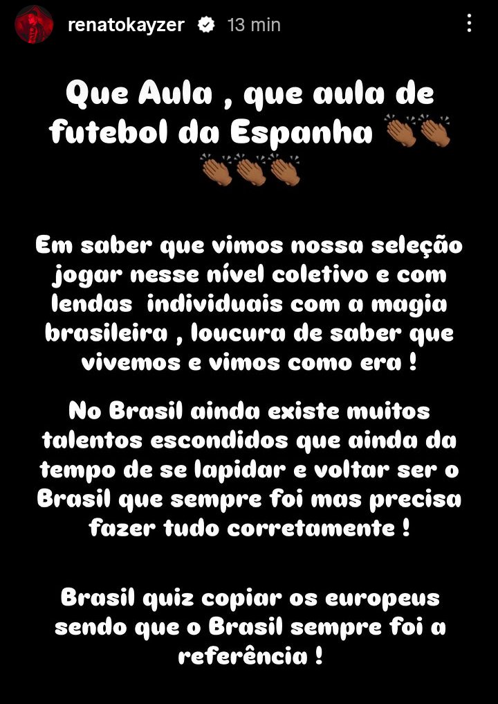 jogueinovitoria's tweet photo. Pronunciamento oficial de Renato Kayzer sobre o título da Espanha e fortes críticas à Seleção Brasileira https://t.co/PVQbvz2Oe6