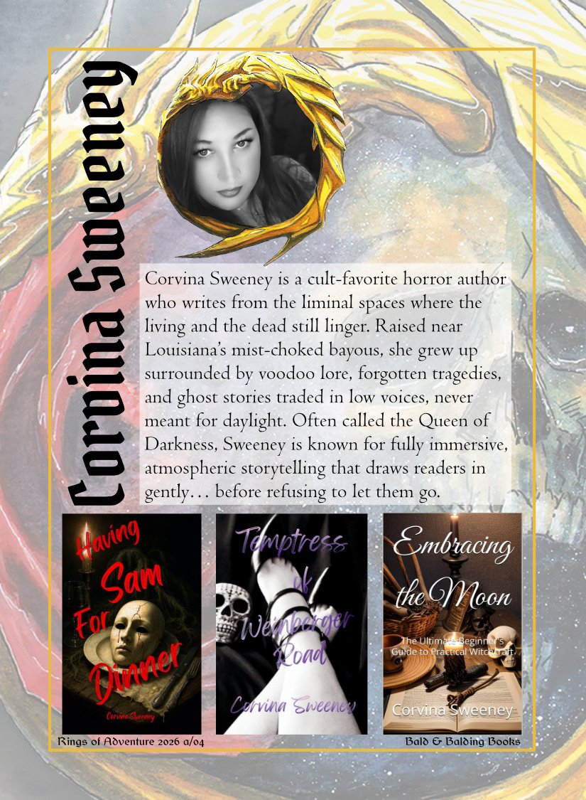 RoBushey's tweet photo. With 44 days to go until Ring of Adventure goes live on @Kickstarter I'd like to introduce @CorvinaSweeney one of 34 Indie Authors bringing supporters a story a day for the month of December. Follow now for updates: https://t.co/fibV1yuXKx #ROA26 #romance #books #fantasy #horror https://t.co/kthd0ubM4I
