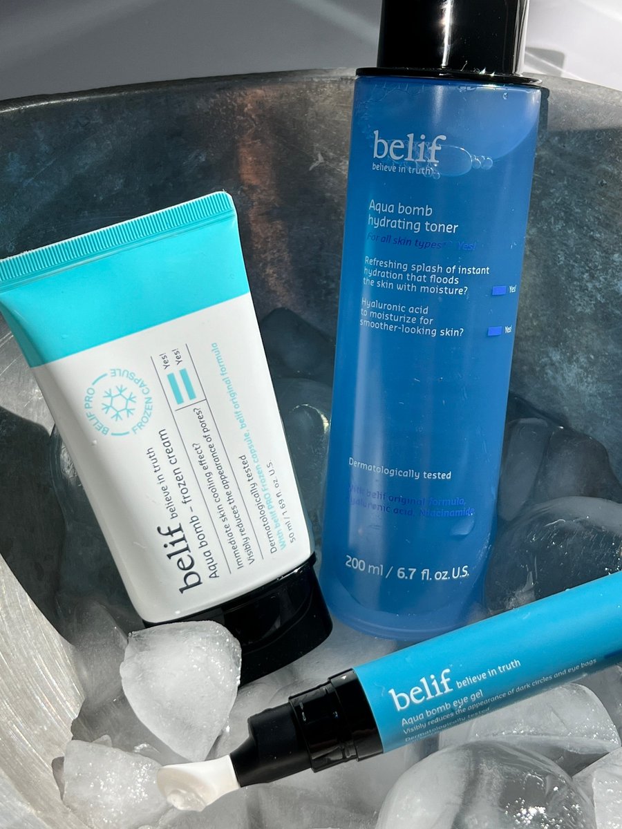 belifusa's tweet photo. Start with Aqua Bomb Hydrating Toner to provide the skin with lightweight hydration, then follow with Aqua Bomb Eye Gel to hydrate the delicate eye area, and end with Aqua Bomb Frozen Cream to lock in moisture and leave skin looking visibly refreshed 💧 https://t.co/GQyl2NFGCQ