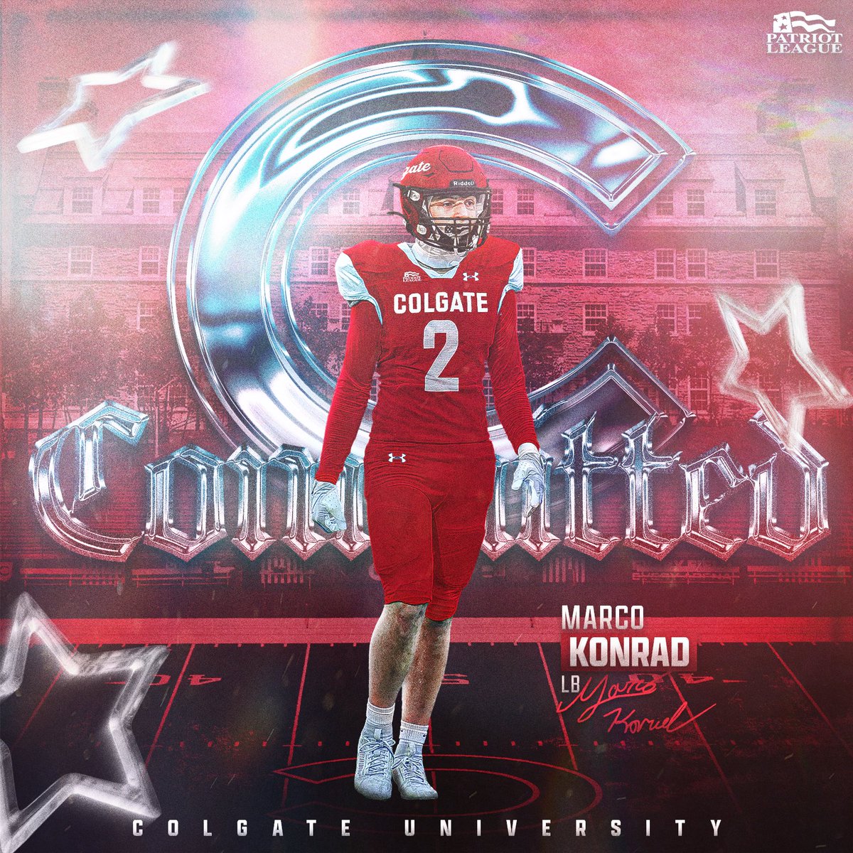 MarcoKonrad2027's tweet photo. I am very blessed and honored to announce that I have officially committed to continue my academic and athletic career at Colgate University to play Division I football! First and foremost, I want to thank God for blessing me with this opportunity. I also want to thank my Mom, Dad, and Luca for all that you have done for me. Without your love and support I wouldn’t be where I am today! Luca I can’t thank you enough for all you have done for me and I can’t wait to play with you again. I especially want to thank Coach Gallagher, Coach Ocker, Coach Titus, Coach Frieser, Coach Beers, Coach Ewing, Coach Amo, Coach Stanton, Coach Hodges, Deb, and all of my other coaches and teachers that have supported me throughout this journey. Your belief in me has helped make this possible. Lastly, I want to thank Coach Fitzpatrick, Coach Ison, Coach Warner, and the entire Colgate coaching staff for believing in me and giving me this incredible opportunity. I’m excited to be a part of the Raider family! Go Gate🔴⚪️!! @_CoachFitz @_CoachWarner @Ison50 @CoachTBiscardi @TajamirTorres @okingcoach @CoachRotch @Coach_ZBoyes @Coach_McCrann @CoachGerbino @LynnMentzerDFO @MECSDathletics @MEGRIDIRON @coach_hadac @PatrickBowes32 @5StarFBRecruits @d1graphicsco