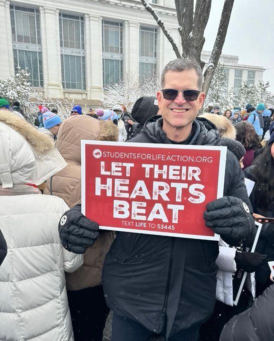 LifeNewsHQ's tweet photo. Coach Jim Harbaugh condemns abortion: "To me, the right choice is to have the courage to let the unborn be born." https://t.co/wpmfKChK9c