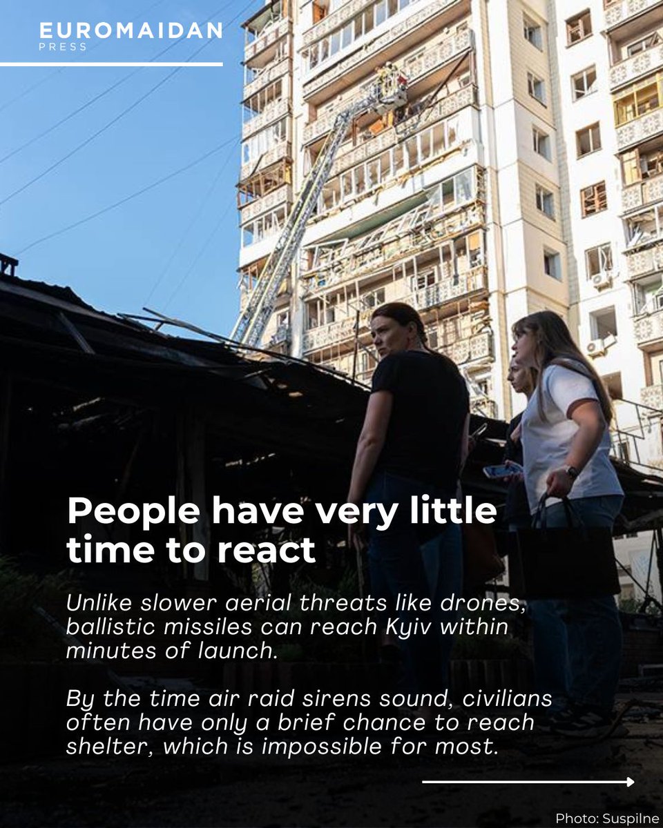 EuromaidanPress's tweet photo. Russia launched the largest ballistic missile attack on Kyiv overnight on 19 July, underscoring one of the biggest threats facing civilians in the Ukrainian capital.

Ballistic missiles are among the most dangerous weapons Russia uses. They travel at extremely high speeds, leaving civilians with only minutes – and sometimes less – to reach shelter after air raid sirens sound. This is impossible for most, whose nearest shelters are further away, and being outside during an attack is usually more dangerous than being at home.

Unlike cruise missiles or drones, ballistic missiles can only be intercepted by advanced air defense systems such as the US-made Patriot, which remain in limited supply.

Russia has stepped up ballistic missile attacks on Kyiv and other Ukrainian cities in recent months, appearing to exploit the limited availability of these specialized air defense systems.

Strengthening protection against ballistic missiles remains one of Ukraine’s highest defense priorities.