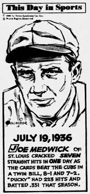 behindthebag's tweet photo. #OTD 90 years ago, 7/19/1936, Sportsman’s Park: #Cardinals Joe Medwick has 7 hits in 7 consecutive at bats in a DH sweep of Bees to move to within 1 game of Cubs in NL. Redbirds would fall short in ‘36 despite Medwick leading league in hits, doubles, RBI, TB https://t.co/BHXVJOjOkh
