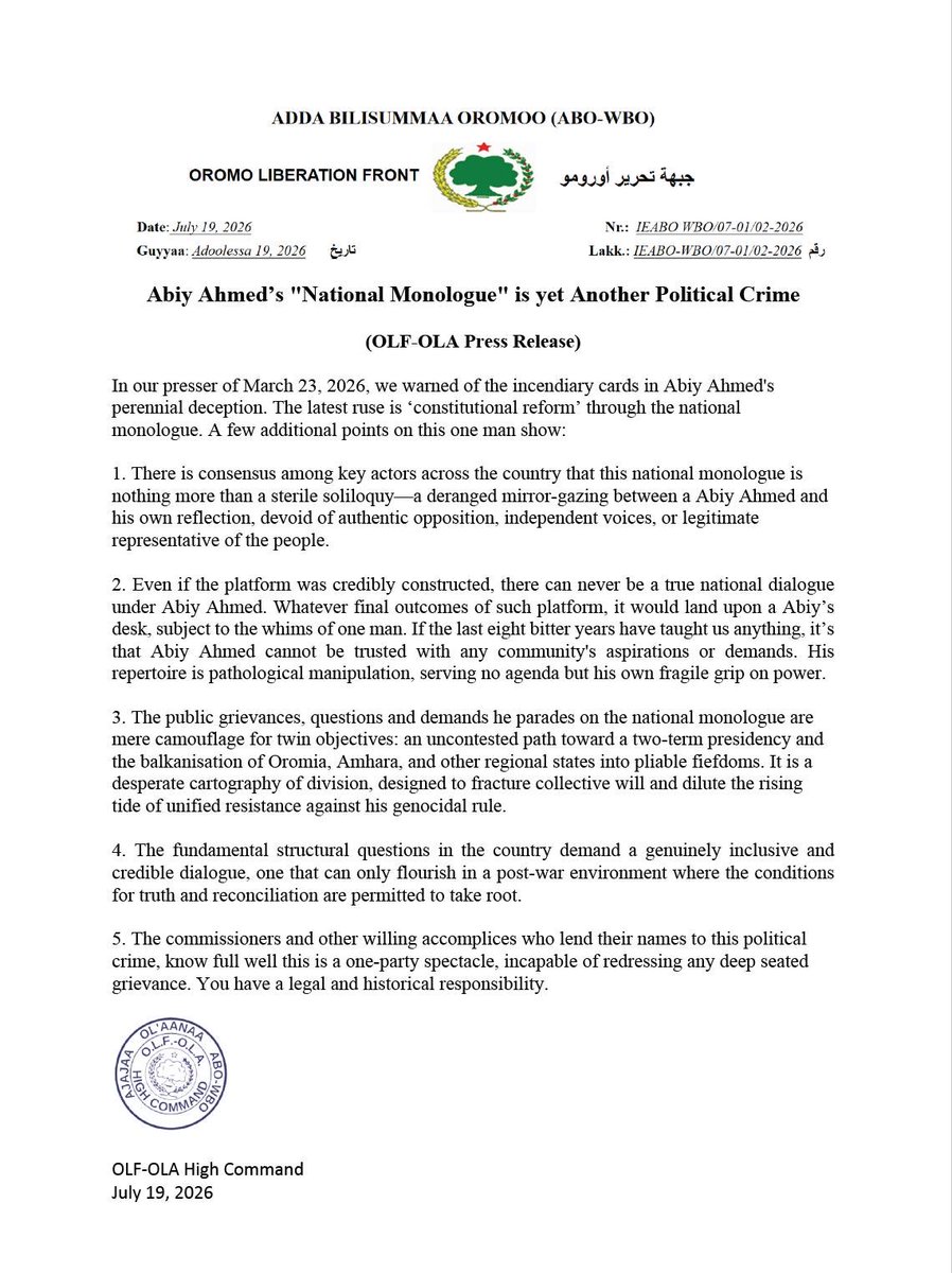milkessam's tweet photo. OLA calls Abiy’s political theater assembled in Addis Ababa as “national monologue” that cannot solve problems but exacerbates them. https://t.co/cYVHXpe1cH
